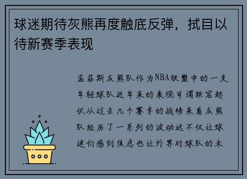 球迷期待灰熊再度触底反弹，拭目以待新赛季表现