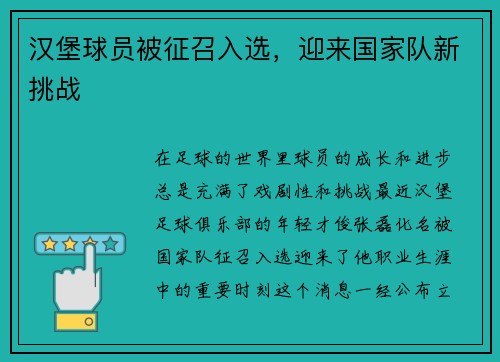 汉堡球员被征召入选，迎来国家队新挑战