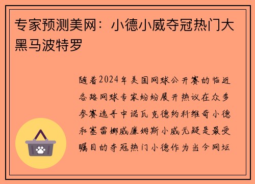 专家预测美网：小德小威夺冠热门大黑马波特罗